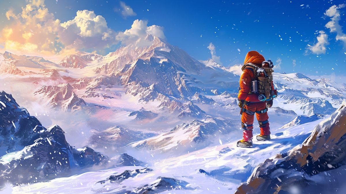 Epic snowy landscapes contrasted with vibrant explorers gearing up for new ventures (New Adventures Concept)