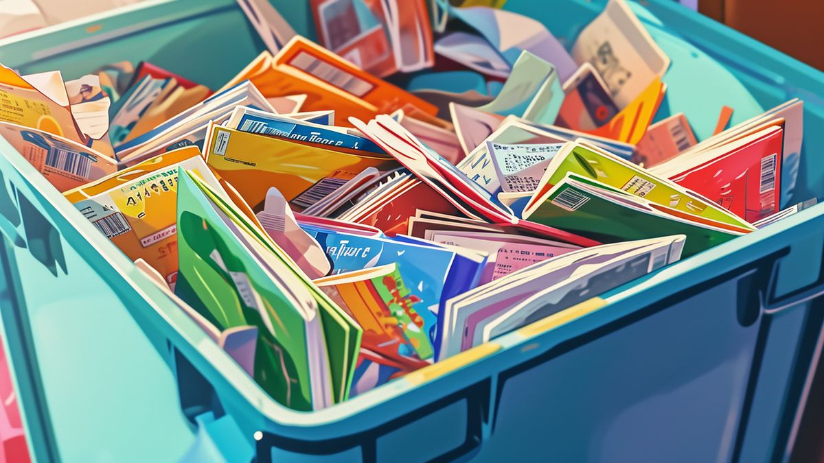 A closeup image of a bin filled with colorful information brochures about Tarsal