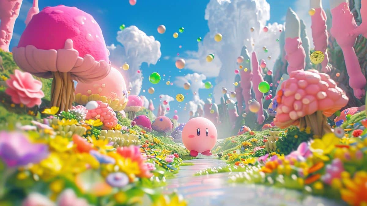 Detailed shot of Kirby interacting with various colorful environments ingame.
